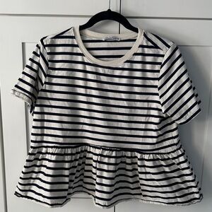 Zara Navy and White Striped Peplum Tee